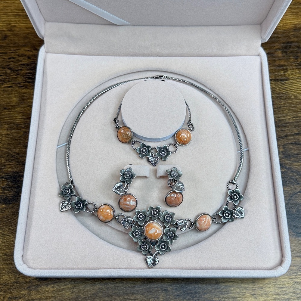 Vintage 925 SILVER & Rose Stone Necklace Bracelet Earrings Set